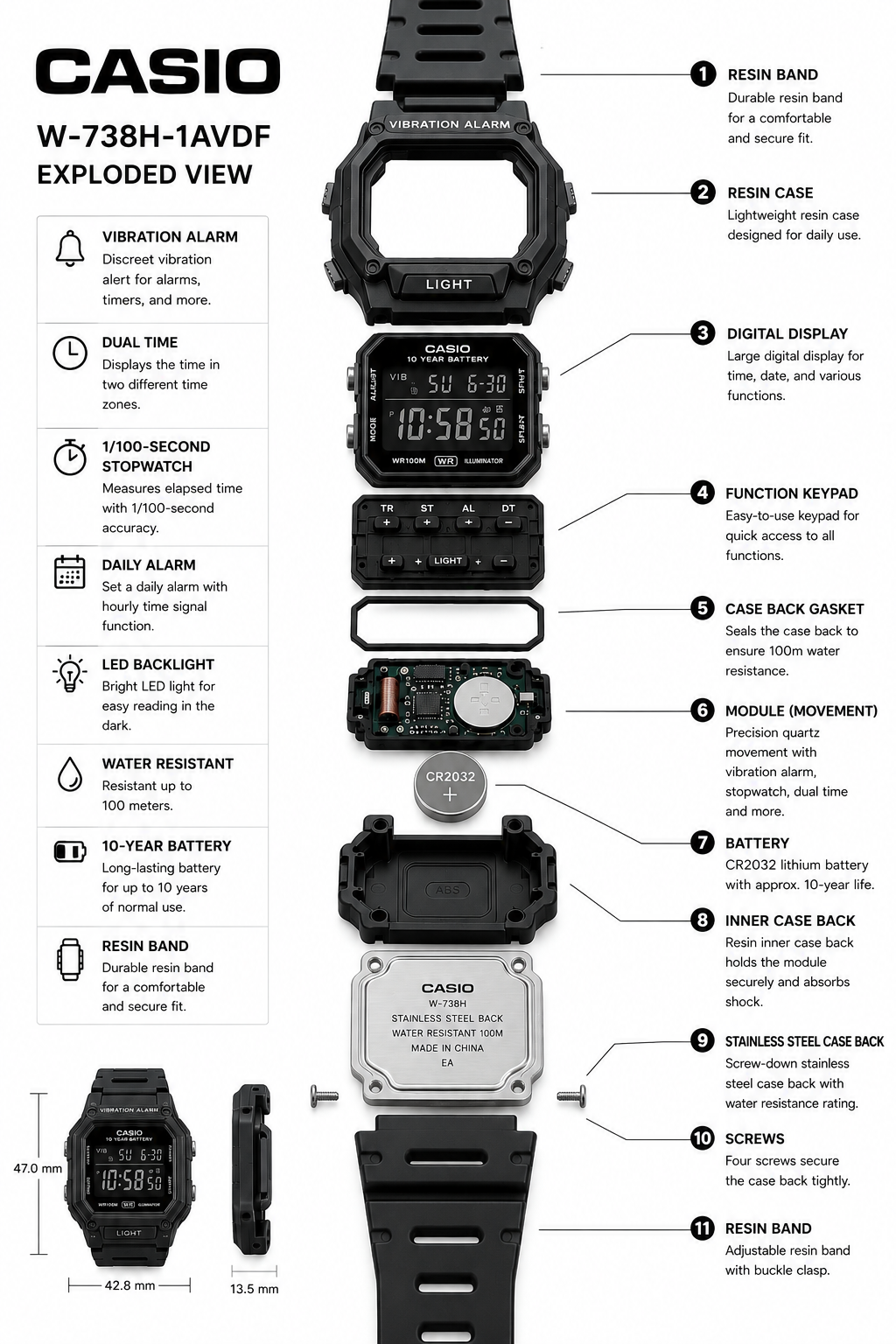 Casio W-738H-1BV Digital Watch, Vibration Alarm, Dual Time, Black