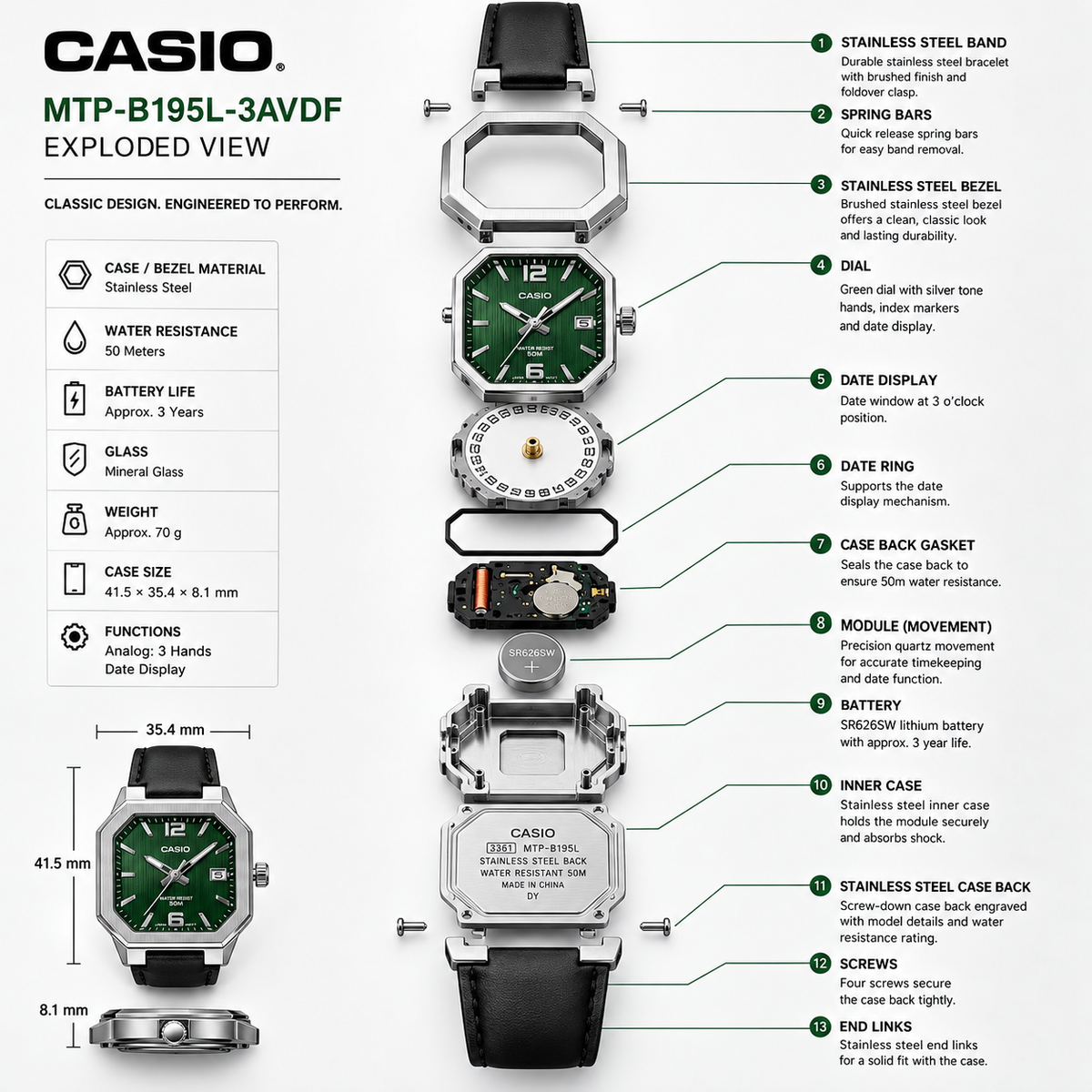 Casio MTP-B195L-3AV Men’s Analog Watch, Green Dial, Leather Strap