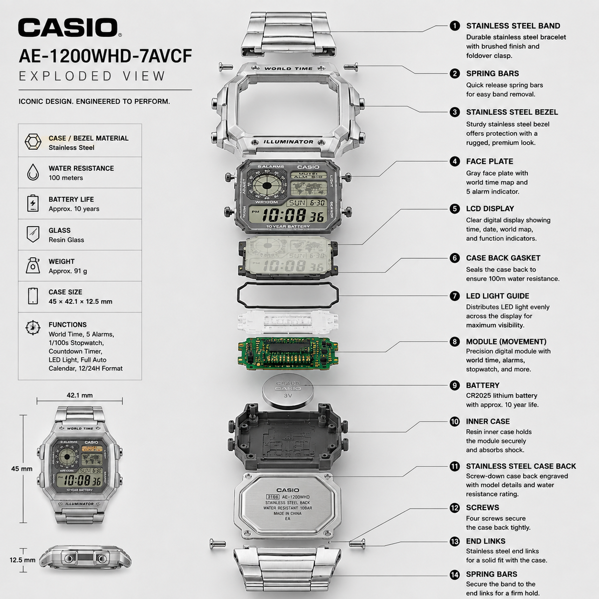 Casio AE-1200WHD-7AV Men’s Digital Watch, World Time, 5 Alarms, Stainless Steel
