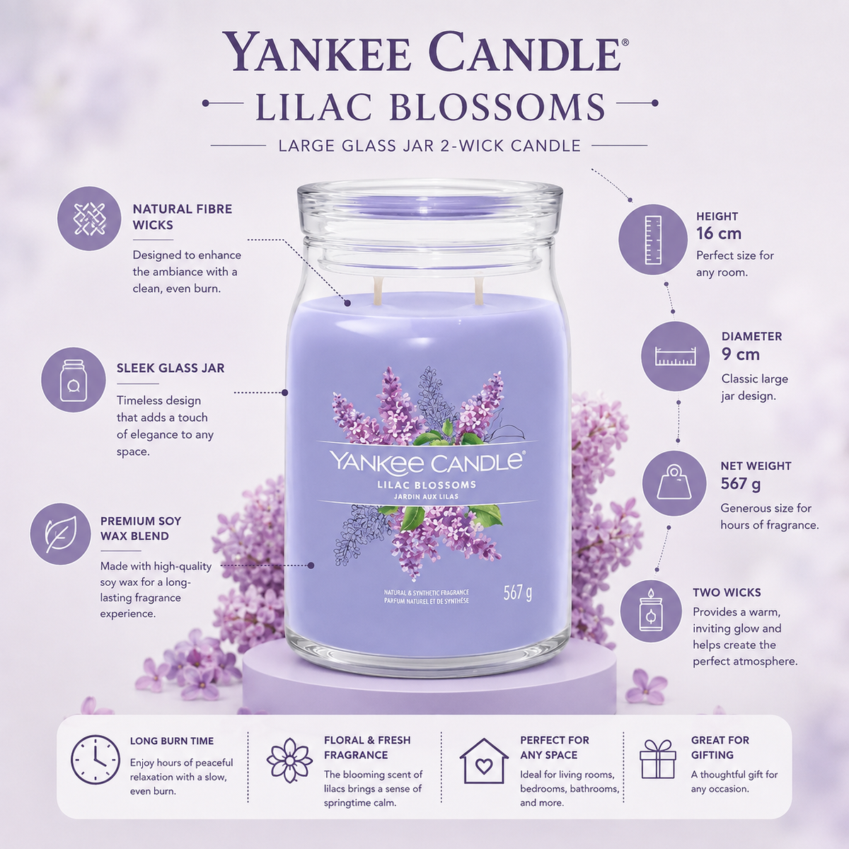 Yankee Candle Lilac Blossoms Large Glass Jar 2 Wick Candle 567g