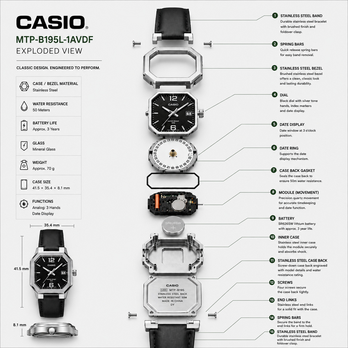 Casio Enticer MTP-B195L-1AV Men’s Analog Watch, Black Dial, Leather Strap