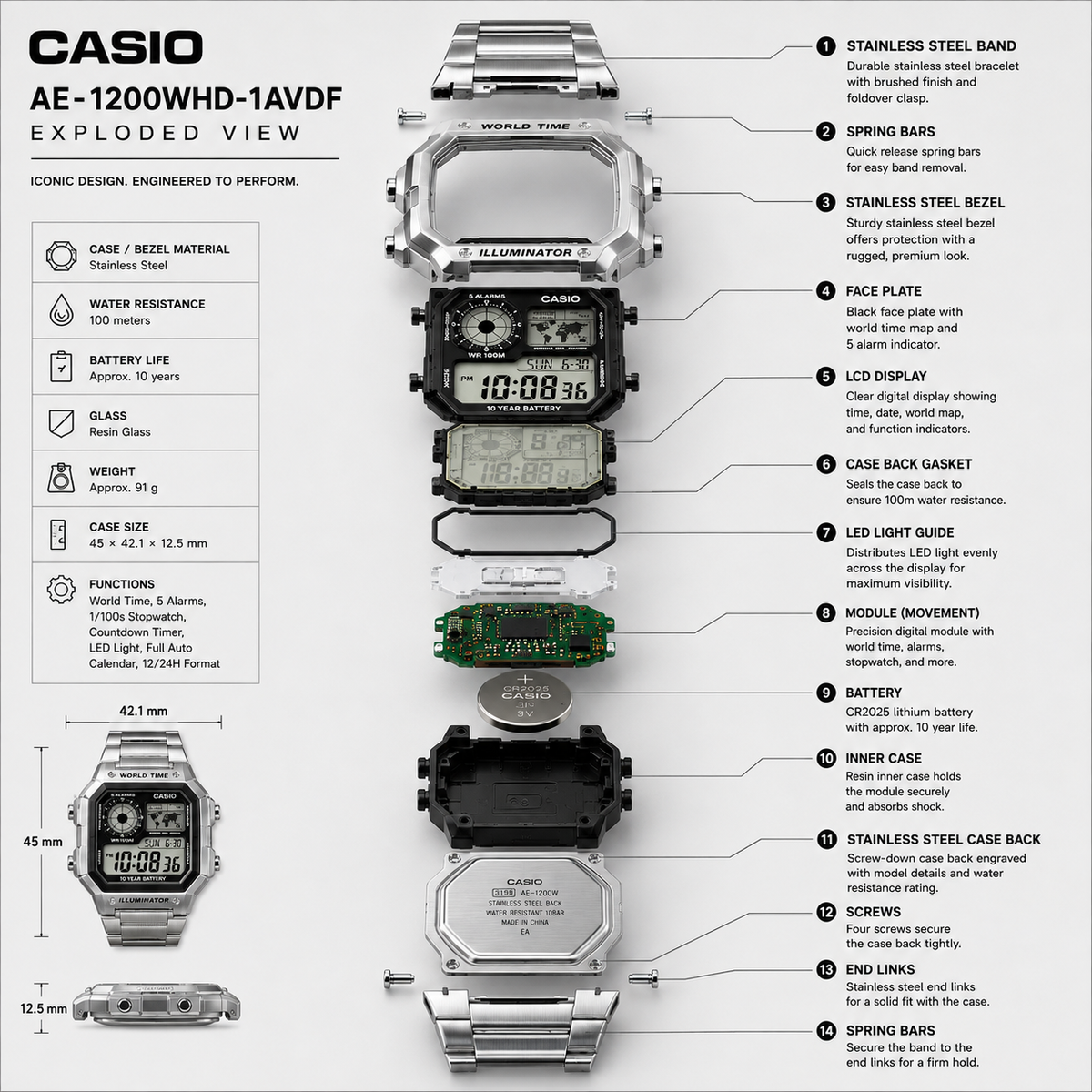 Casio AE-1200WHD-1AV Men’s World Time Digital Watch, Stainless Steel