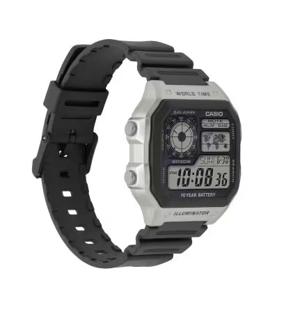 Casio AE-1200WH-1CV Men’s Illuminator Digital Watch, World Time, Black & Silver
