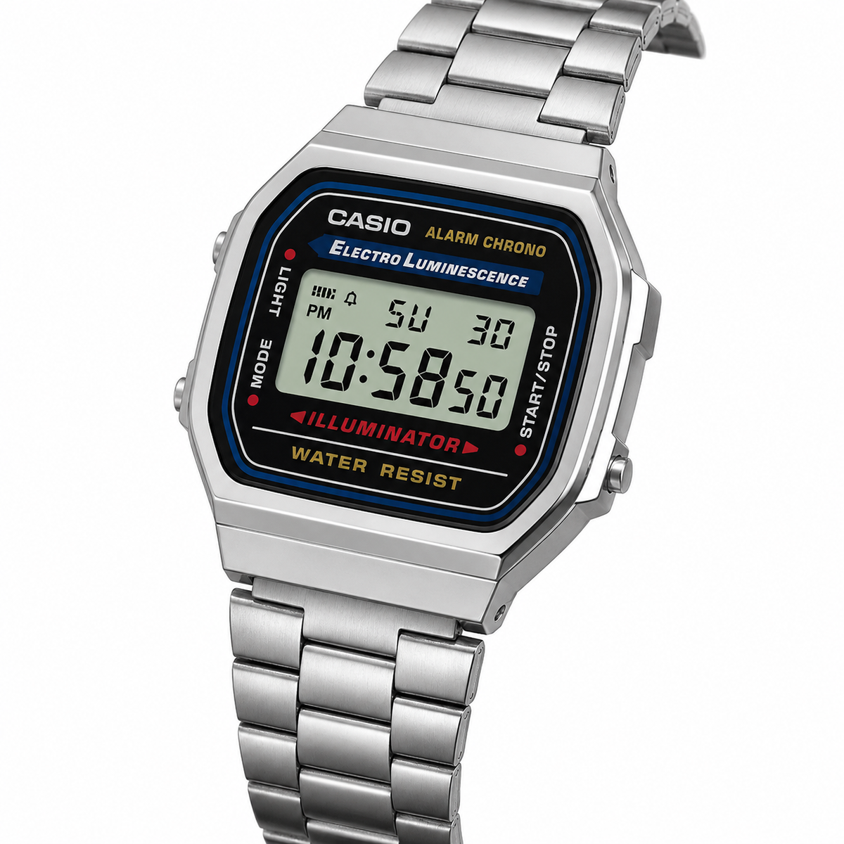 Casio A168WA-1W Unisex Vintage Digital Watch, Stainless Steel Band, Silver & Black
