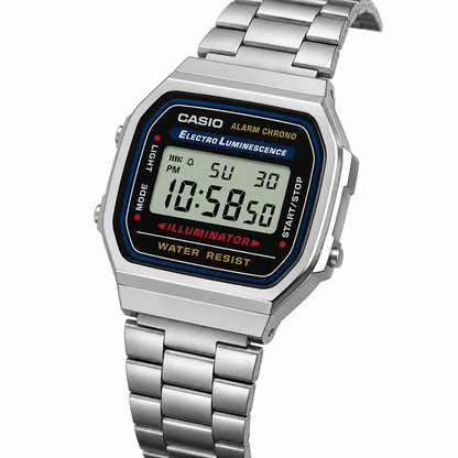 Casio A168WA-1W Unisex Vintage Digital Watch, Stainless Steel Band, Silver & Black