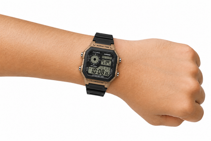 Casio AE-1200WH-5AV Illuminator Men’s Digital Watch, World Time, Black & Brown