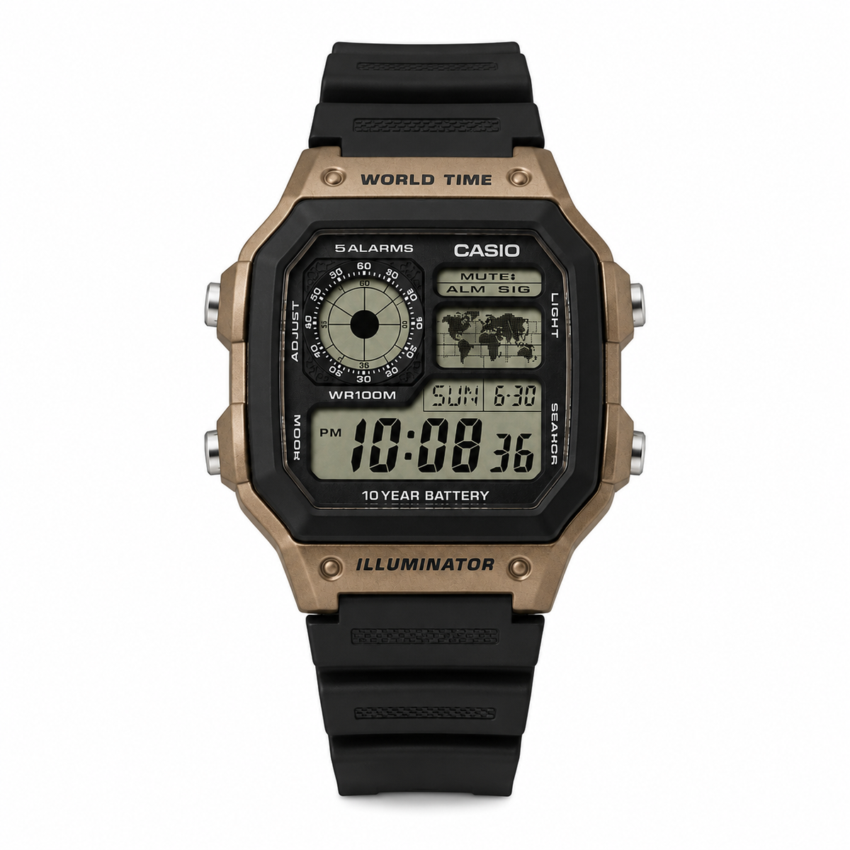 Casio AE-1200WH-5AV Illuminator Men’s Digital Watch, World Time, Black & Brown