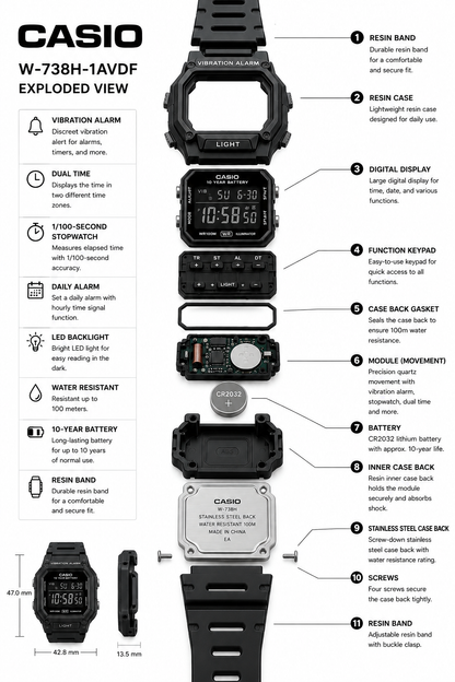 Casio W-738H-1BV Digital Watch, Vibration Alarm, Dual Time, Black