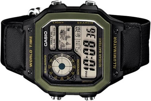 AE-1200WHB-1BV Men’s Digital Watch, World Time, 10-Year Battery, Green & Black