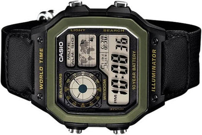 AE-1200WHB-1BV Men’s Digital Watch, World Time, 10-Year Battery, Green & Black