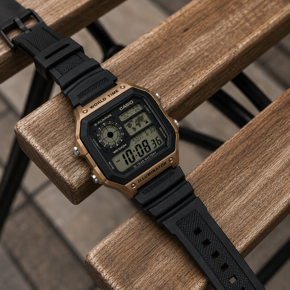 Casio AE-1200WH-5AV Illuminator Men’s Digital Watch, World Time, Black & Brown