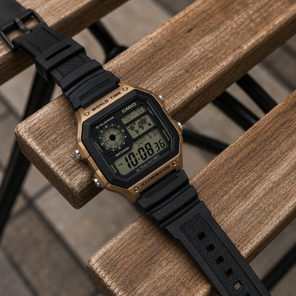 Casio AE-1200WH-5AV Illuminator Men’s Digital Watch, World Time, Black & Brown