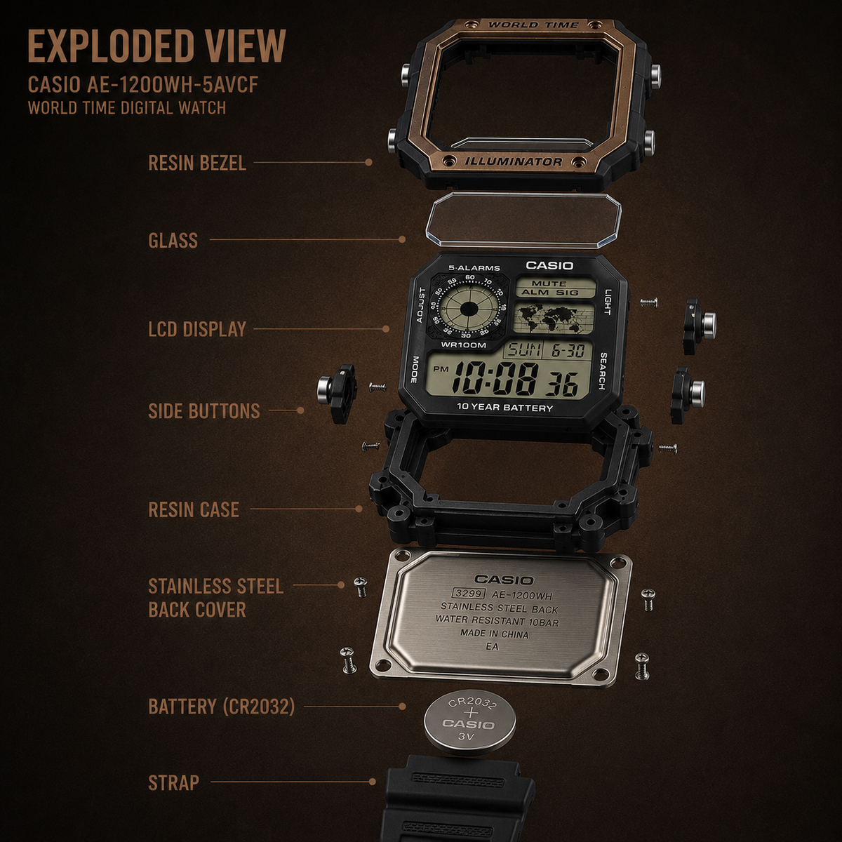 Casio AE-1200WH-5AV Illuminator Men’s Digital Watch, World Time, Black & Brown