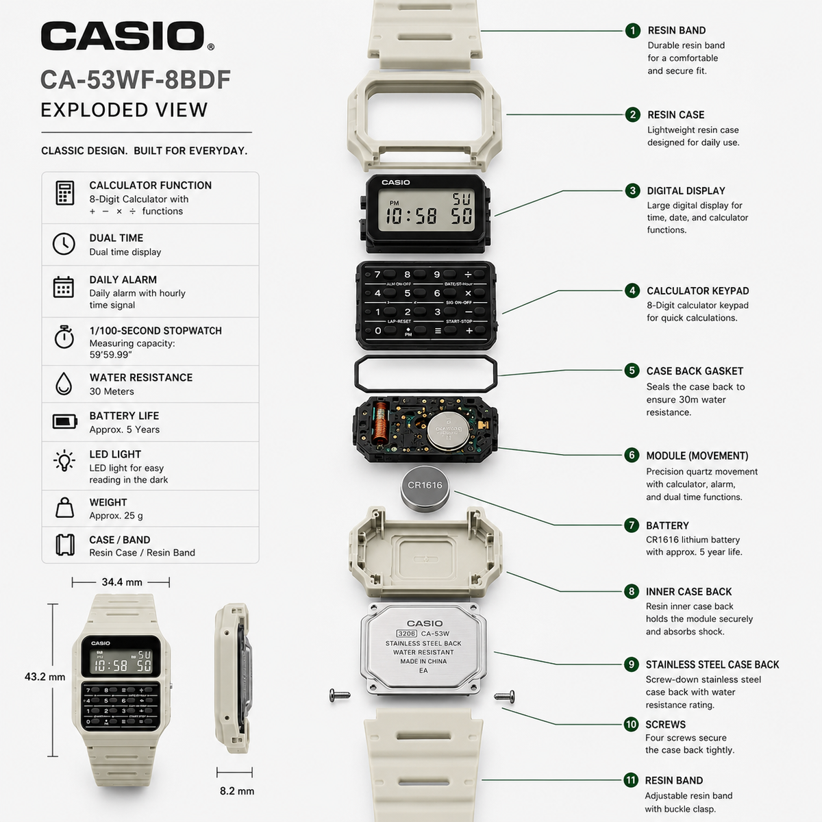 Casio CA-53WF-8B Unisex Calculator Digital Watch, 8-Digit Calculator, White