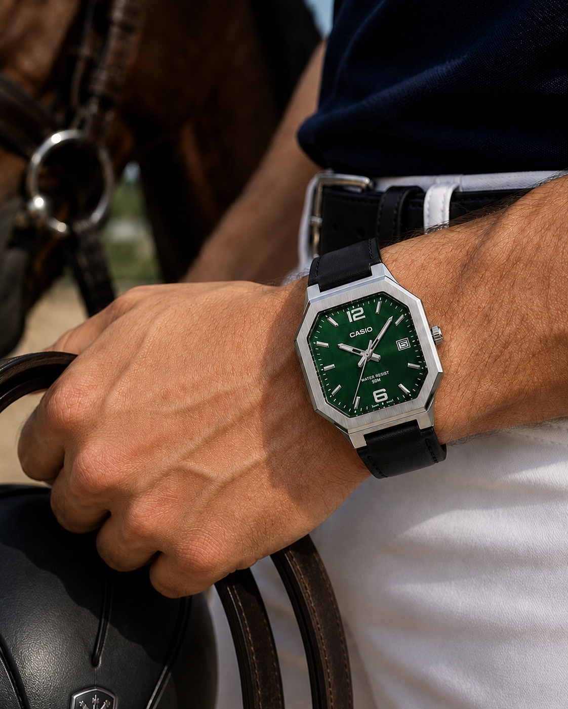 Casio MTP-B195L-3AV Men’s Analog Watch, Green Dial, Leather Strap