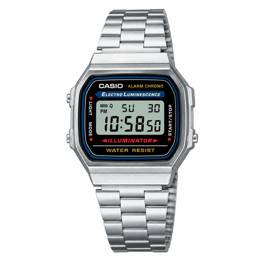 Casio A168WA-1W Unisex Vintage Digital Watch, Stainless Steel Band, Silver & Black