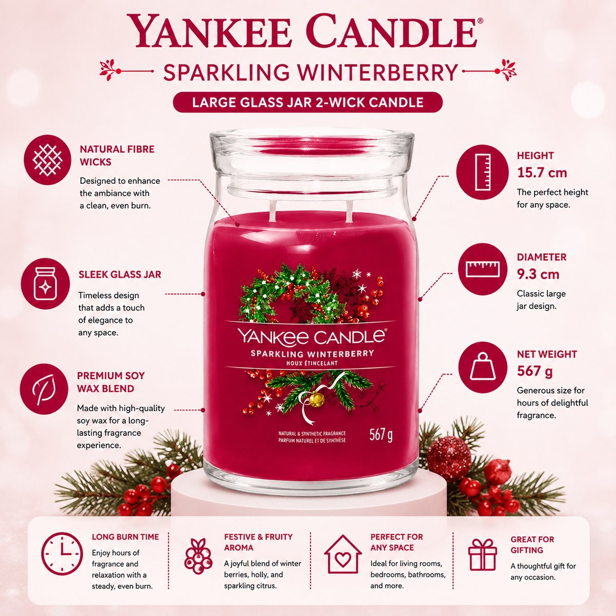 Yankee Candle Sparkling Winterberry Large Glass Jar 2 Wick Candle 567g