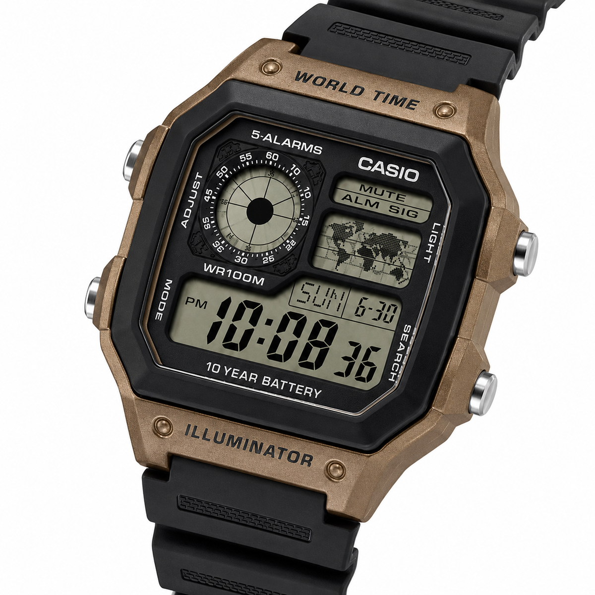 Casio AE-1200WH-5AV Illuminator Men’s Digital Watch, World Time, Black & Brown