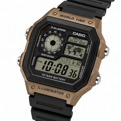 Casio AE-1200WH-5AV Illuminator Men’s Digital Watch, World Time, Black & Brown
