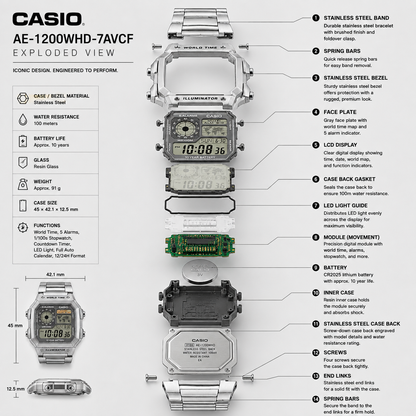 Casio AE-1200WHD-7AV Men’s Digital Watch, World Time, 5 Alarms, Stainless Steel