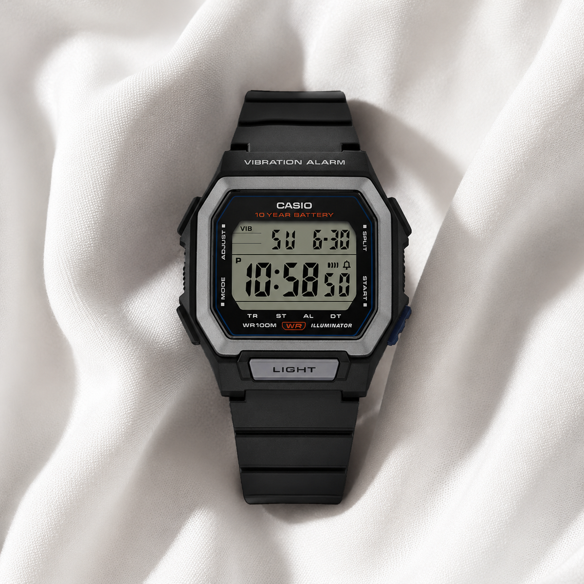 Casio W-738H-1AV Men’s Digital Watch, Vibration Alarm, Black & Silver