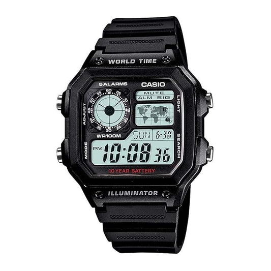 Casio AE-1200WH-1AV Youth Series Men’s Digital Watch, World Time, 10-Year Battery, Black
