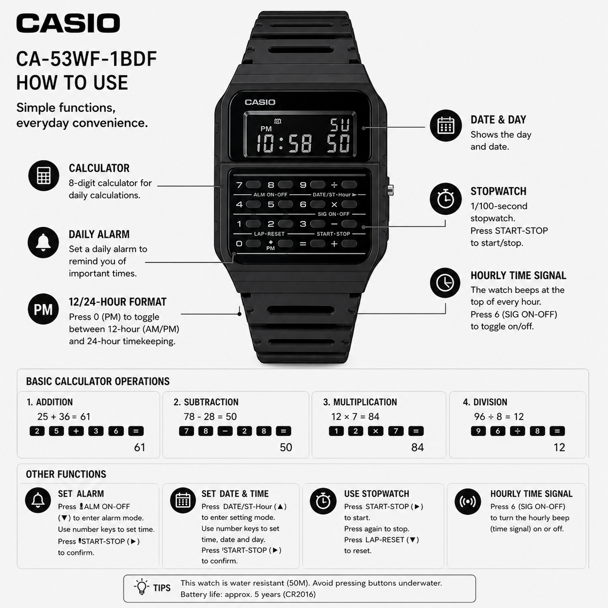 Casio CA-53WF-1B Unisex Calculator Digital Watch, 8-Digit Calculator, Black