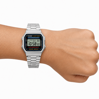 Casio A168WA-1W Unisex Vintage Digital Watch, Stainless Steel Band, Silver & Black