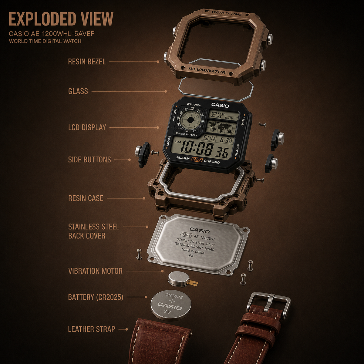 Casio AE-1200WHL-5AV Men’s World Time Digital Watch, Brown Leather Strap