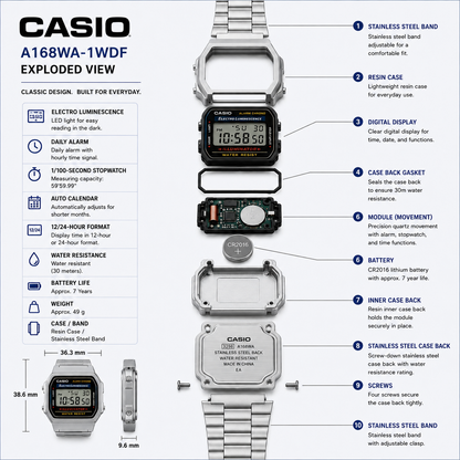 Casio A168WA-1W Unisex Vintage Digital Watch, Stainless Steel Band, Silver & Black