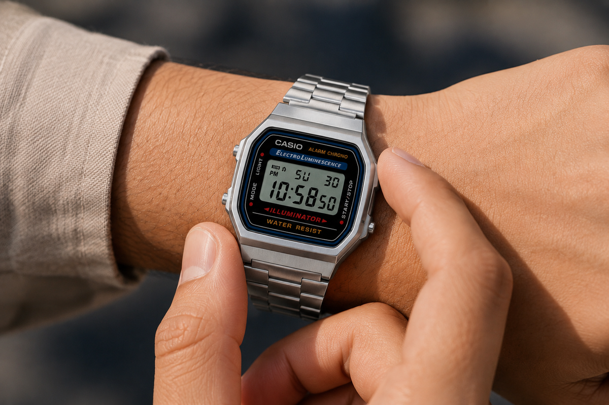 Casio A168WA-1W Unisex Vintage Digital Watch, Stainless Steel Band, Silver & Black