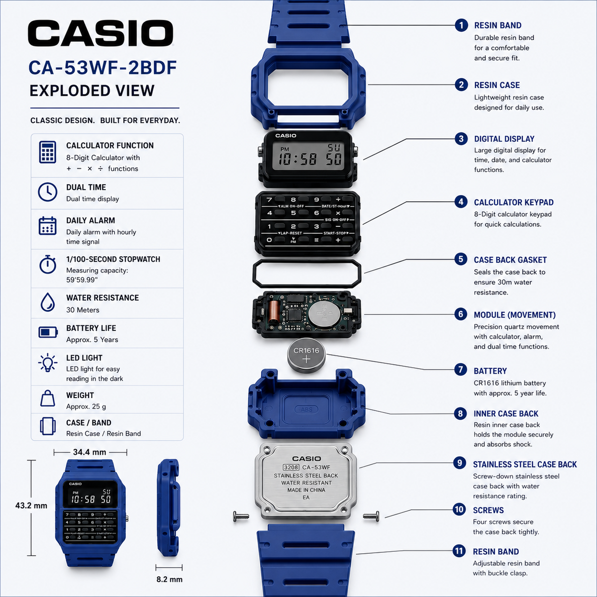 Casio CA-53WF-2B Unisex Calculator Digital Watch, 8-Digit Calculator, Blue