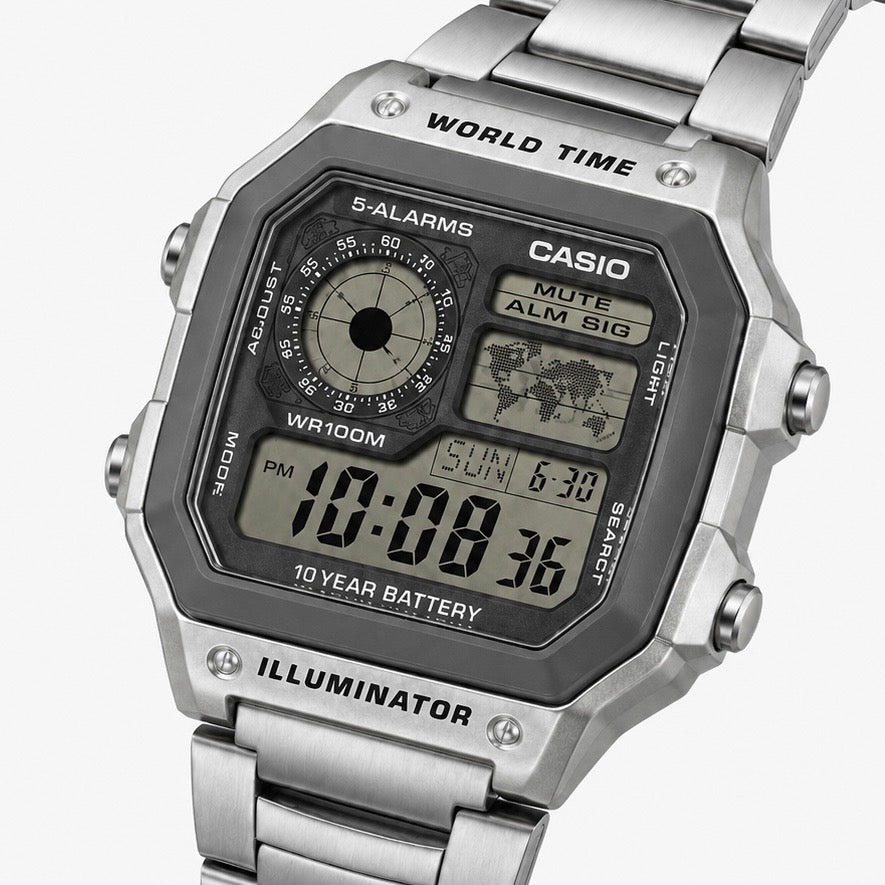 Casio AE-1200WHD-7AV Men’s Digital Watch, World Time, 5 Alarms, Stainless Steel