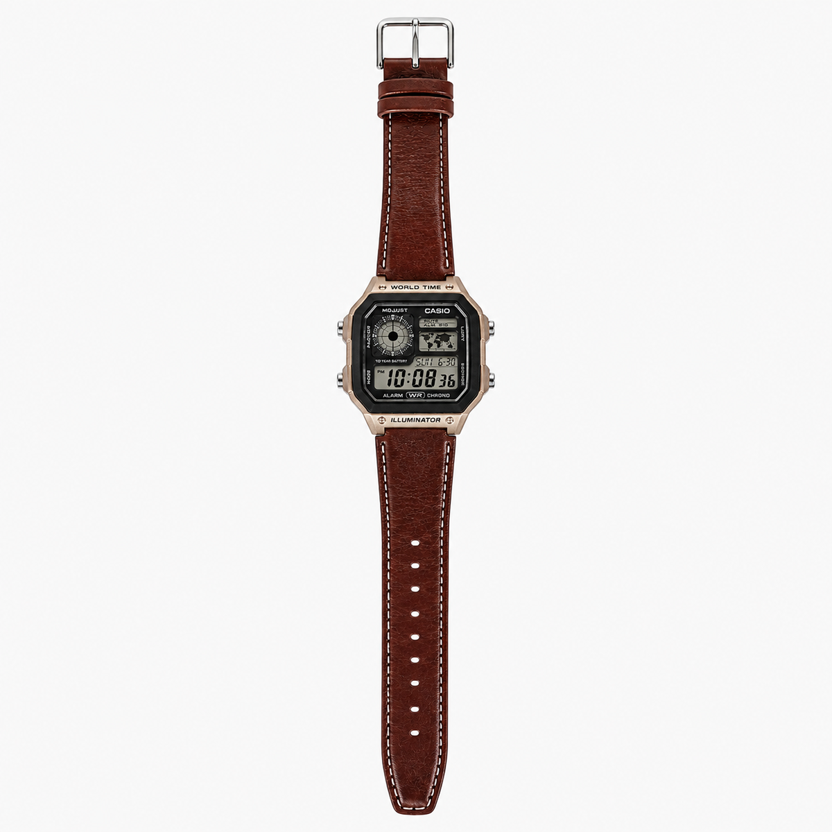 Casio AE-1200WHL-5AV Men’s World Time Digital Watch, Brown Leather Strap