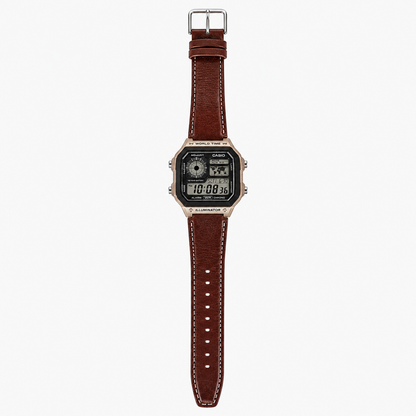 Casio AE-1200WHL-5AV Men’s World Time Digital Watch, Brown Leather Strap
