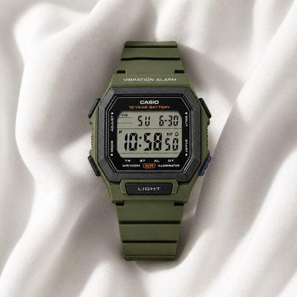 Casio W-738H-3AV Digital Sports Men’s Watch, Vibration Alarm, Dual Time, Green