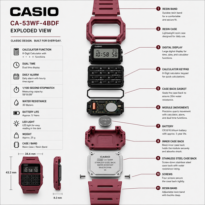 Casio CA-53WF-4B Unisex Calculator Digital Watch, 8-Digit Calculator, Retro Red