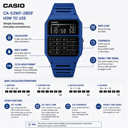Casio CA-53WF-2B Unisex Calculator Digital Watch, 8-Digit Calculator, Blue