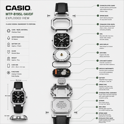 Casio Enticer MTP-B195L-1AV Men’s Analog Watch, Black Dial, Leather Strap