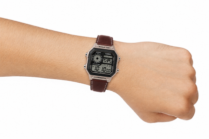 Casio AE-1200WHL-5AV Men’s World Time Digital Watch, Brown Leather Strap