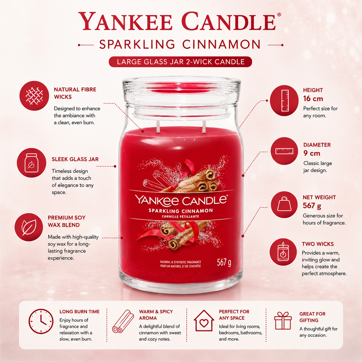 Yankee Candle Sparkling Cinnamon Large Glass Jar 2 Wick Candle 567g