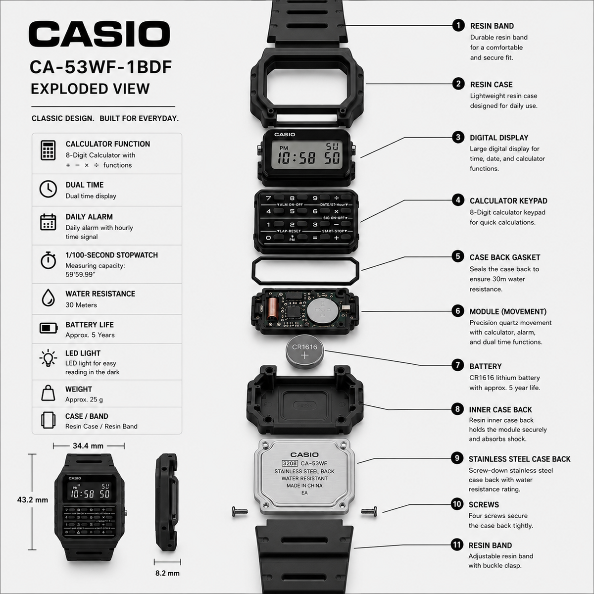 Casio CA-53WF-1B Unisex Calculator Digital Watch, 8-Digit Calculator, Black