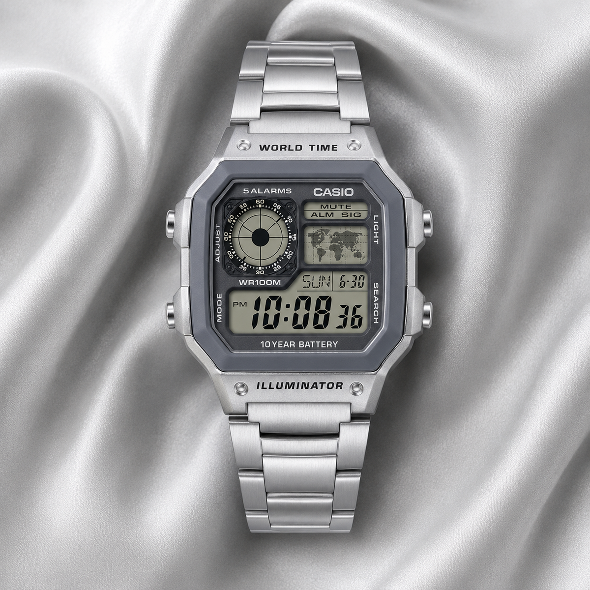 Casio AE-1200WHD-7AV Men’s Digital Watch, World Time, 5 Alarms, Stainless Steel