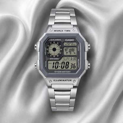 Casio AE-1200WHD-7AV Men’s Digital Watch, World Time, 5 Alarms, Stainless Steel