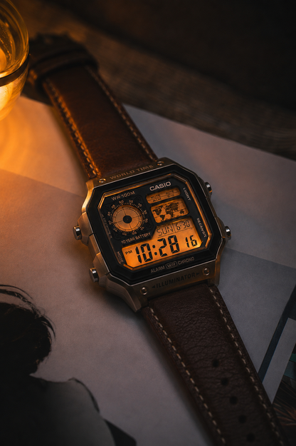 Casio AE-1200WHL-5AV Men’s World Time Digital Watch, Brown Leather Strap