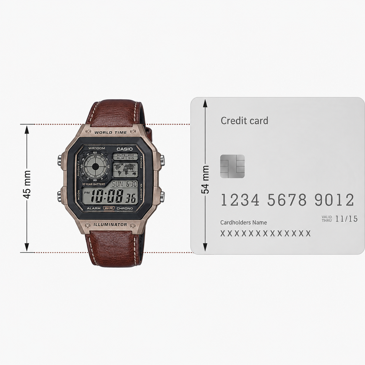 Casio AE-1200WHL-5AV Men’s World Time Digital Watch, Brown Leather Strap
