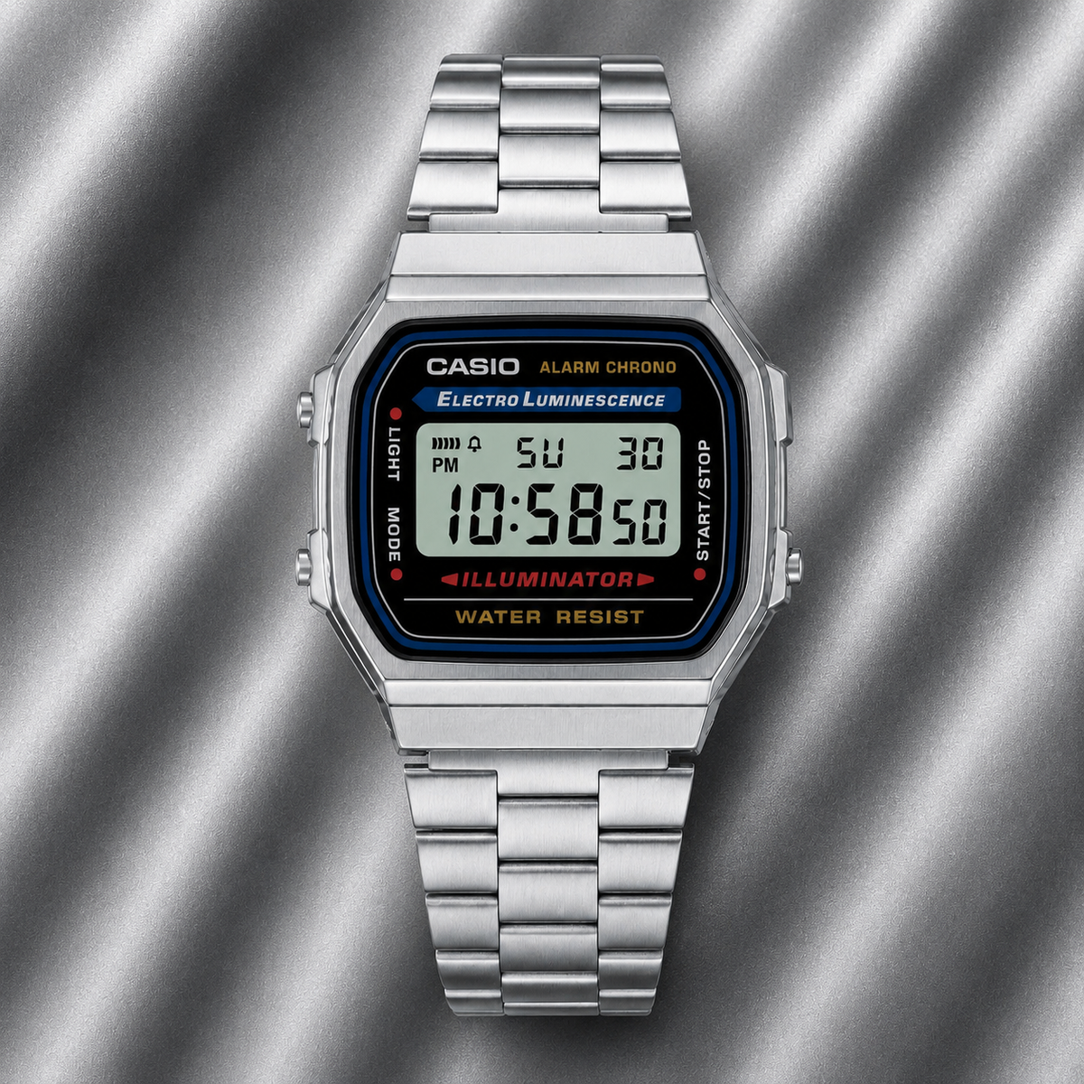 Casio A168WA-1W Unisex Vintage Digital Watch, Stainless Steel Band, Silver & Black