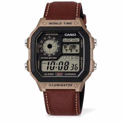 Casio AE-1200WHL-5AV Men’s World Time Digital Watch, Brown Leather Strap