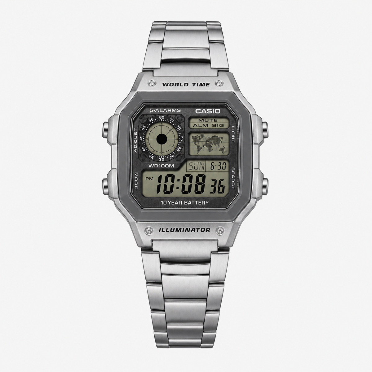 Casio AE-1200WHD-7AV Men’s Digital Watch, World Time, 5 Alarms, Stainless Steel