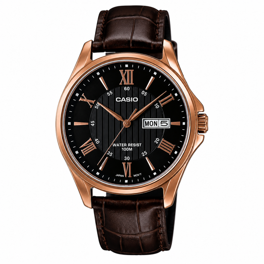 Casio MTP-1384L-1AV Men’s Leather Watch, Black Dial & Rose Gold Case, Day Date